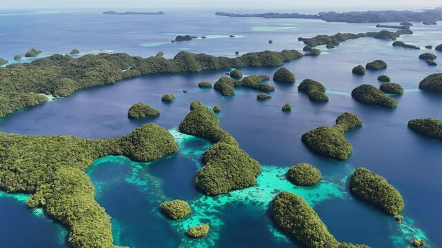Dynamic drone shot revealing the glowing waters and emerald islands of Palau. Wide cinematic drone shot.