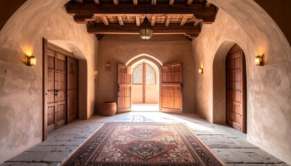 Obraz premium Arched Hallway with Open Wooden Doors and Rug