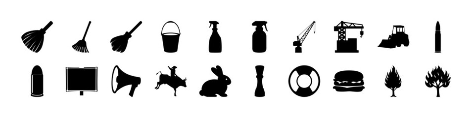 Silhouette Icon Set – Cleaning Tools, Construction, Animals, Food, and Symbols - A detailed and diverse black silhouette icon collection showcasing essential objects and symbols from various categorie