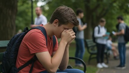 Upset teenage boy sitting alone on a park bench. Lonely male student feeling sad, depressed, and isolated from a group of peers. - Powered by Adobe