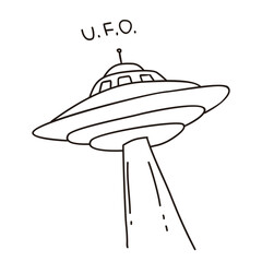 Cute hand-drawn doodle of a UFO with beam light, illustrated in simple black line art on a white background. Minimal and playful alien spaceship sketch.