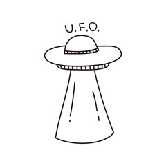 Cute hand-drawn doodle of a UFO with beam light, illustrated in simple black line art on a white background. Minimal and playful alien spaceship sketch.