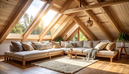 Attic Living Room Interior with Natural Light and Wooden Details