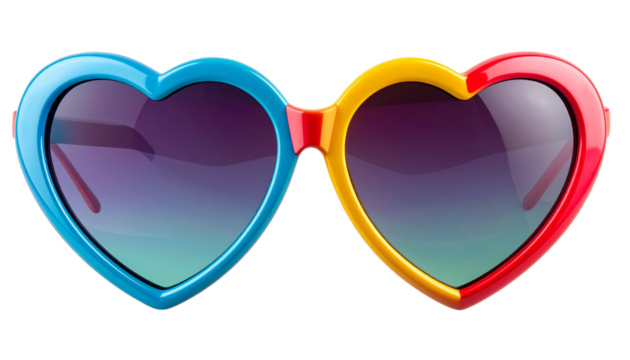 Colorful plastic heart-shaped party sunglasses, stylishly designed and fully isolated on a transparent PNG background 
