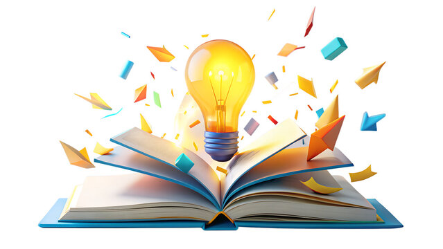 An open book bursts with a glowing lightbulb and colorful shapes symbolizing knowledge and creativity isolated on transparent background