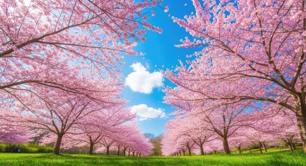 Obraz premium Vibrant pink cherry blossoms frame a bright blue sky