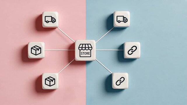 A white dice connected by strings each showing abstract logistics icons like trucks and packages, freight and logistics