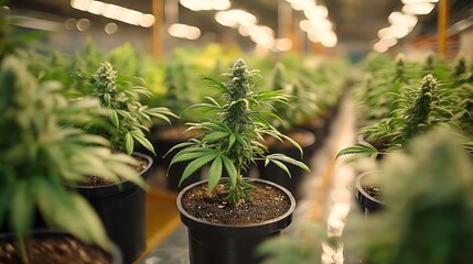 Indoor cannabis cultivation with potted plants under bright lights, showcasing rows of healthy marijuana plants in controlled conditions.