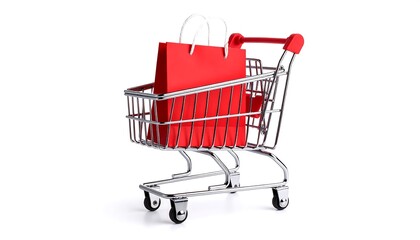 Miniature shopping cart with red paper bag
