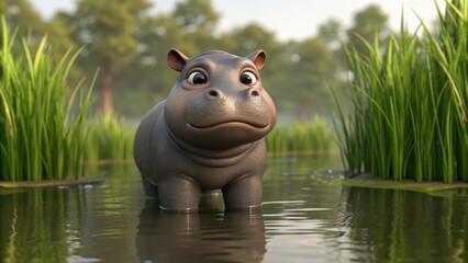 A cute, cartoonish hippopotamus stands in a serene water scene surrounded by lush green grass.