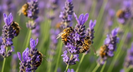 Bees pollinating vibrant purple lavender flowers in a field