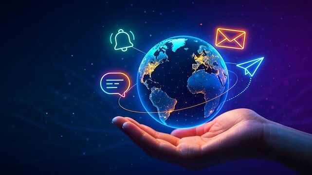 A hand supporting a glowing globe with animated icons like envelopes and speech bubbles floating around, Digital connections represent global communication, freight and logistics