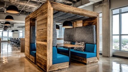 Wooden cubicle seating area in modern office space.