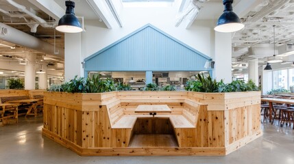 Light-filled, open-plan communal eating area with wooden seating and planters.
