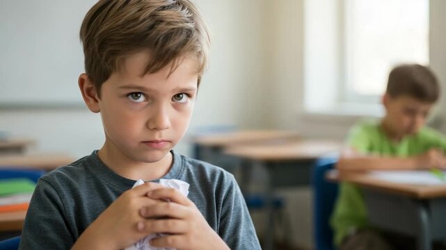 A sad and worried little boy sitting at a desk in a classroom. He is holding a crumpled piece of paper, feeling stressed and anxious about school.