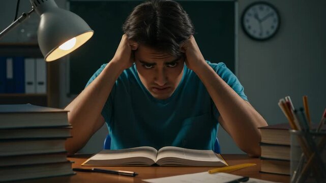 Frustrated male student studying late at night. Overwhelmed young man cramming for an exam, feeling stressed and tired.