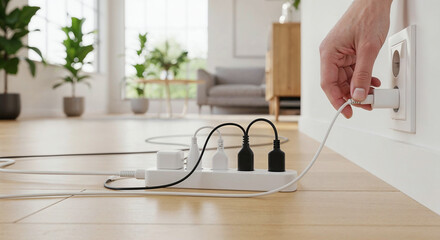Person plugging power strip into wall socket in living room
