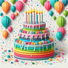 An illustration of a multi-tiered birthday cake crafted from colorful, layered paper cutouts, creating a 3D effect. 
