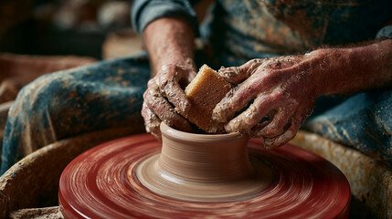 Potter using sponge on pottery wheel creating clay vessel