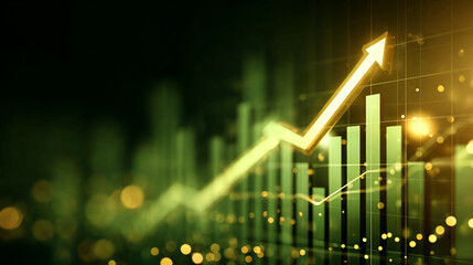 Golden arrow is growing up representing positive financial trend on green background