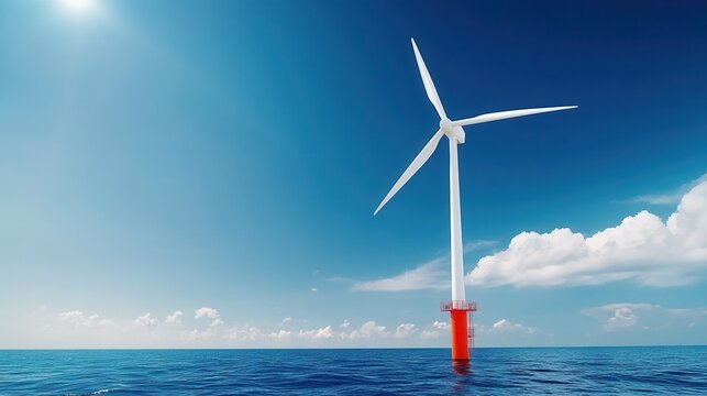 Wind Turbine on Ocean Water Under Bright Blue Sky with Few Clouds and Sunlight Reflection