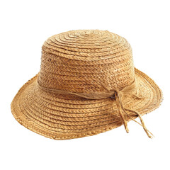 Light beige straw hat, round crown, wide brim, tied ribbon