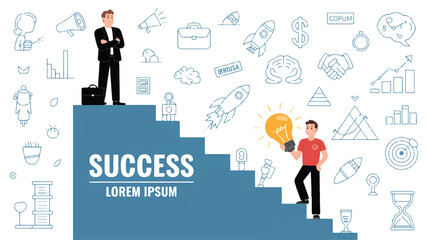 A flat design illustration of business success, showing a man with an idea climbing a career ladder towards his goal.