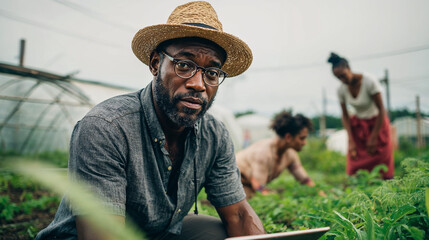 Farmer using digital tablet while working in greenhouse with colleagues