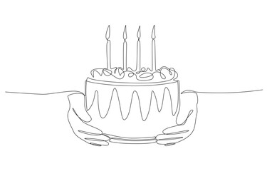 Continuous one line drawing of hands holding birthday cake, birthday blessing concept, single line art.
