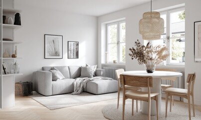 bright Scandinavian-style studio apartment with white walls, pale wood floor, grey fabric sofa, modular storage, round dining table, pendant lighting