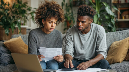 Young couple managing domestic finances using laptop and calculator on sofa