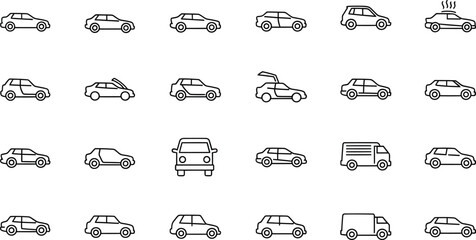 Diverse car icons showcase vehicle options for transportation, travel, and automotive industry designs, highlighting variety and choice.