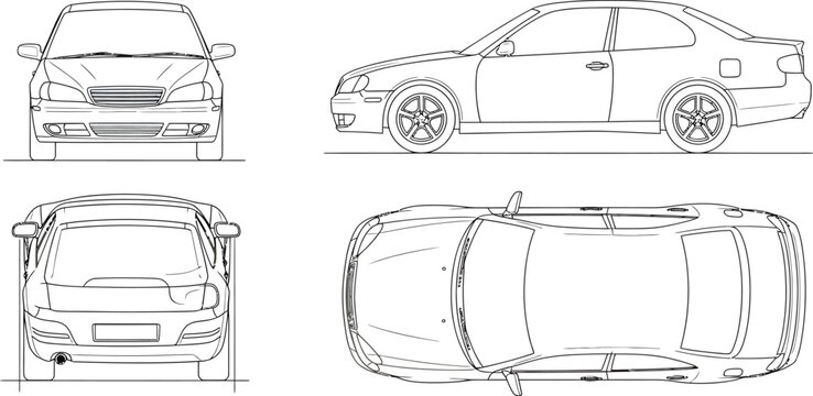Detailed car blueprint showing front, side, rear, and top views perfect for engineering presentations and automotive design projects