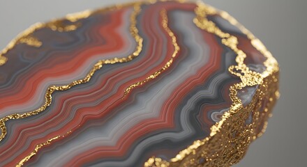 Close-up of a polished agate stone with gold accents, showcasing intricate patterns and natural beauty, ideal for background