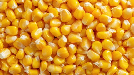 top view close-up of yellow corn kernels texture, high-resolution food background, bright natural lighting, vivid color, even layout, suitable for food packaging or presentation design