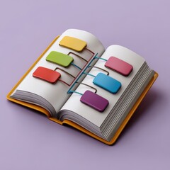Open book with colorful sticky notes connected by wires on a purple background