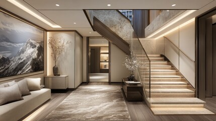 Luxury hallway with grand staircase