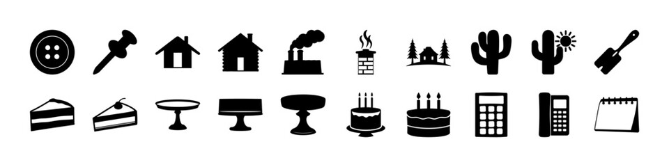 Black Silhouette Icon Set – Home, Cake, Calculator, Nature, and Tools - A collection of versatile black silhouette icons featuring a variety of everyday objects and themes including a button, push pin