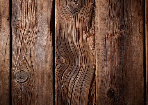 Weathered wooden boards with a rich brown patina, showcasing prominent grain patterns and irregular knots. The texture is rough, indicating age and natural wear. 