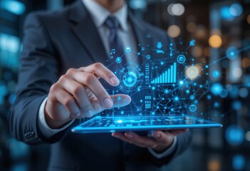 Innovative technology, businessman interacts with a virtual interface on tablet