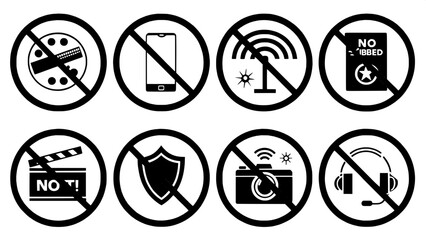 A grid of eight clean icons showing various mobile-related bans for a theater setting. The icons depict actions like silencing phones, no texting, no screen light, and no photography. Each black silho