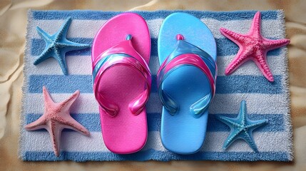 A pair of vibrant pink and blue rubber flip flops resting on a plush beach towel surrounded by whimsical starfish in a summer vacation setting