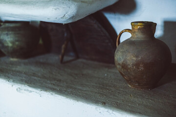 Old rural clay jug close up