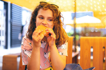 Beautiful Child Girl Eating Burger