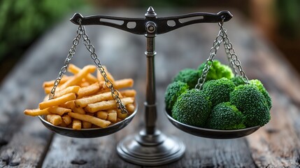 Balance scale weighing broccoli and french fries representing healthy eating choice