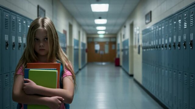 Anxious young girl feeling lonely in an empty school hallway. Concept of bullying, stress, and childhood anxiety.