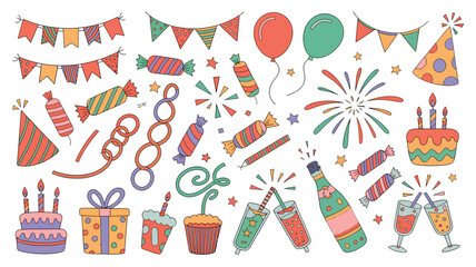 Hand Drawn Party Celebration Elements Collection Featuring Colorful Balloons Cakes Candles Fireworks Candy Streamers and Party Hats in a