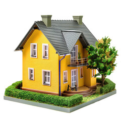 Yellow house model, miniature, with garden
