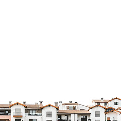 Rows of white and beige apartment buildings with brown roofs
