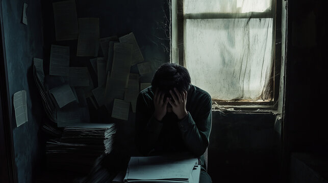 A man holds his head in his hands while sitting in a dark room filled with scattered papers, depicting stress and depression. - Powered by Adobe